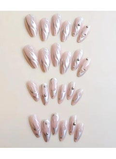 ORiTi 24pcs Fake Nails, Nude Pink Press On Nails With Silver Ripple Design, Glossy Full Cover Medium Almond False Nails For Women And Girls  - Image 4