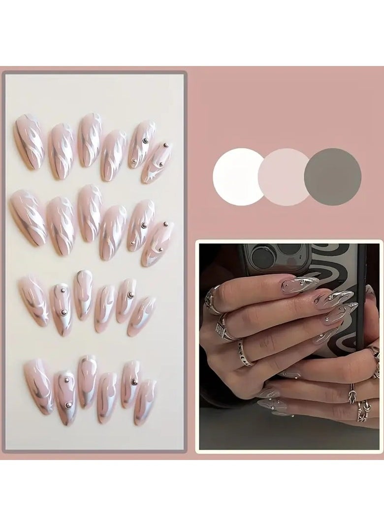 ORiTi 24pcs Fake Nails, Nude Pink Press On Nails With Silver Ripple Design, Glossy Full Cover Medium Almond False Nails For Women And Girls  - Image 5