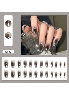 ORiTi 24pcs Fake Nails, Nude Pink Press On Nails With Silver Ripple Design, Glossy Full Cover Medium Almond False Nails For Women And Girls  - Image 1