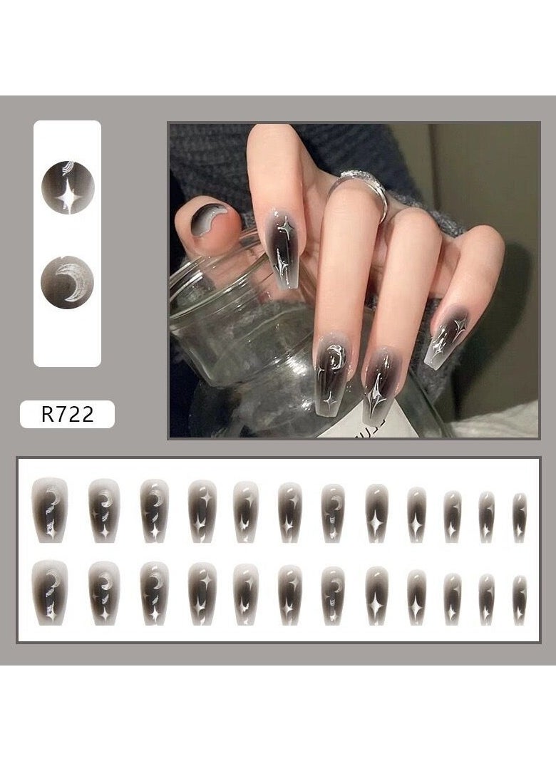 ORiTi 24pcs Fake Nails, Nude Pink Press On Nails With Silver Ripple Design, Glossy Full Cover Medium Almond False Nails For Women And Girls  - Image 1
