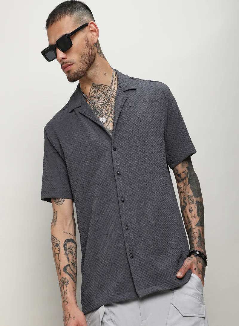 Campus Sutra Men's Charcoal Grey Self-Design Block Shirt