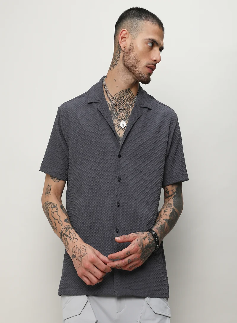 Campus Sutra Men's Charcoal Grey Self-Design Block Shirt