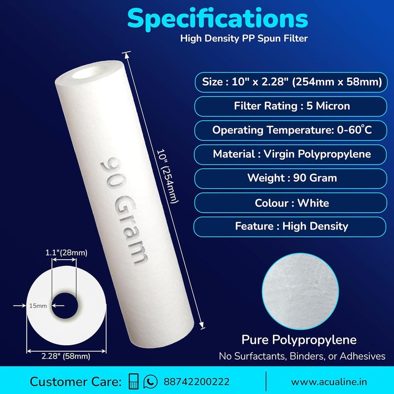 Acualine Water Filter Candle Water Purifier Candle 10 Inch 5 Micron 90 gm Spun Filter for Water Purifier High Density Pre Filter Cartridge for All Type of RO Water Purifier Pack of 8 - Image 4