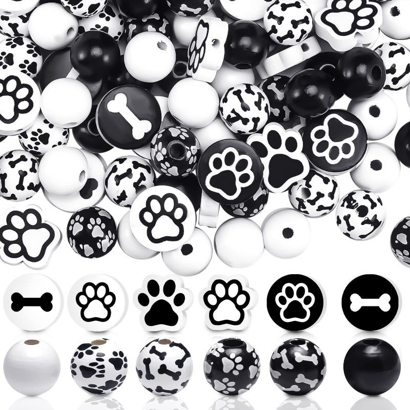 200 Pcs Paw Wooden Dog Paw Footprint Beads  Vintage Black  White Cute Spacer Beads for Pet Charm Pendant Jewelry Making DIY Craft  Home Decoration