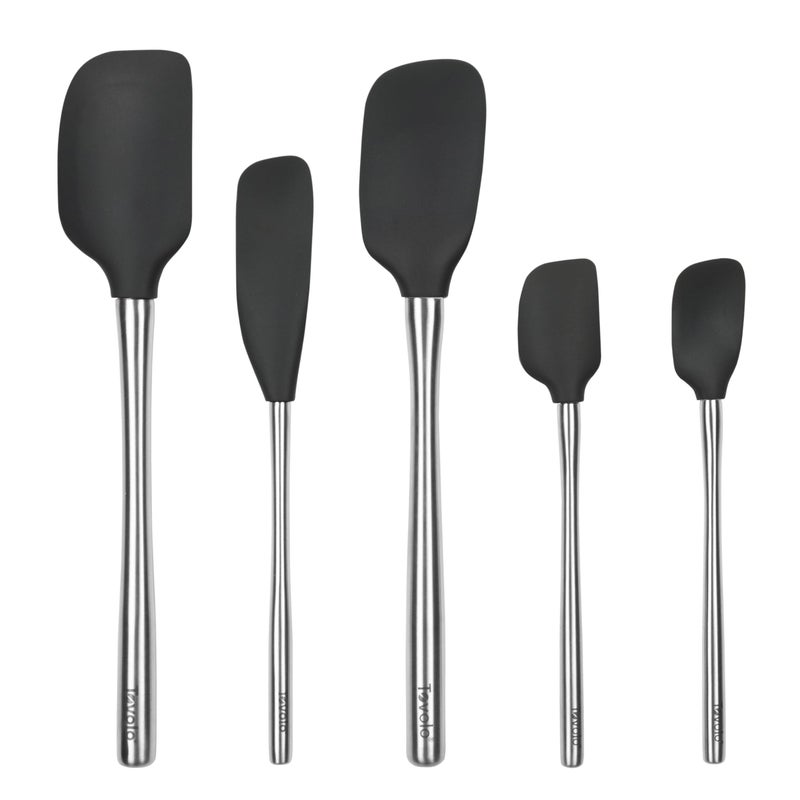 Tovolo Stainless Steel Handled Silicone Spatula Set of 5, Dishwasher Safe Kitchen Spatula Set for Cooking Baking, BPA Free Silicone Spatula set with Metal Steel Handle, Black - Image 1