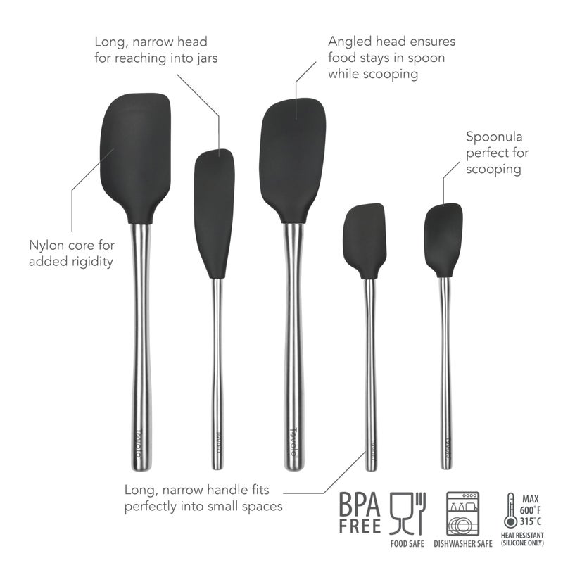 Tovolo Stainless Steel Handled Silicone Spatula Set of 5, Dishwasher Safe Kitchen Spatula Set for Cooking Baking, BPA Free Silicone Spatula set with Metal Steel Handle, Black - Image 2