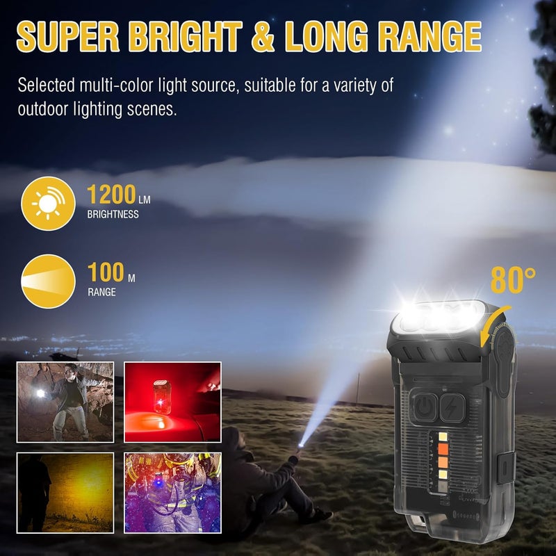 BORUIT V15 LED Small Powerful EDC Flashlight with Warm White Red Light,Super Bright USB C Rechargeable 10 Modes Mini Pocket Keychain Flash Light with Clip,IP67 Waterproof,80°Head Swivels,Tail Magnet - Image 2