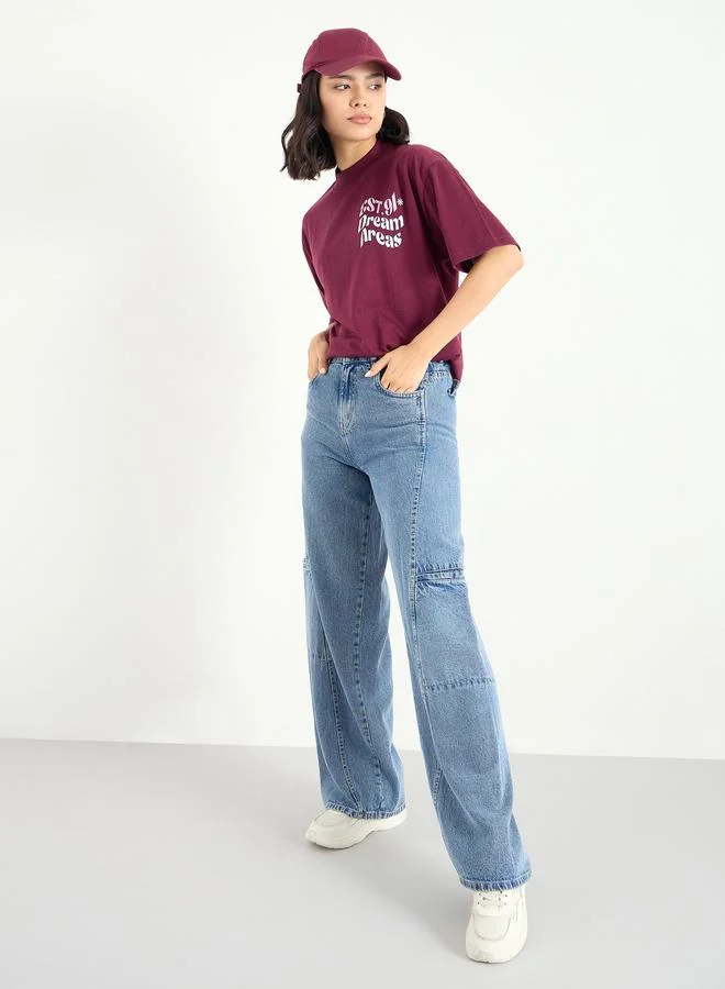 ستايلي Styli Burgundy Slogan Oversized T-Shirt