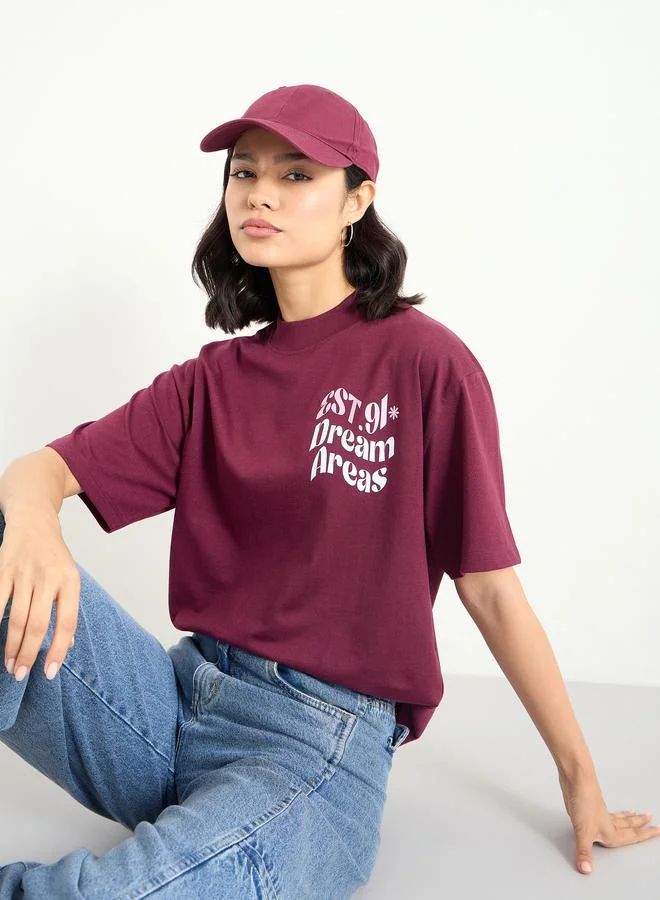 ستايلي Styli Burgundy Slogan Oversized T-Shirt