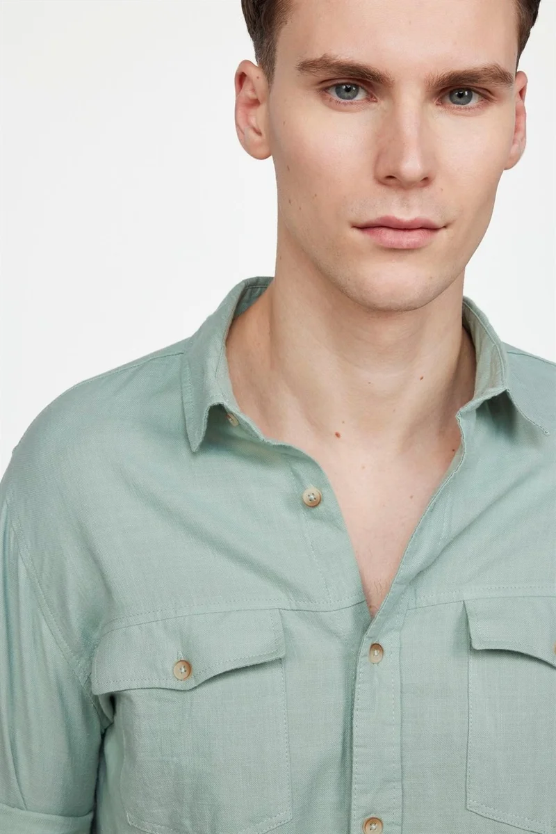 تودورس Slim Fit Long Sleeve Double Pocket Cotton Linen Sports Collar Men's Green Shirt