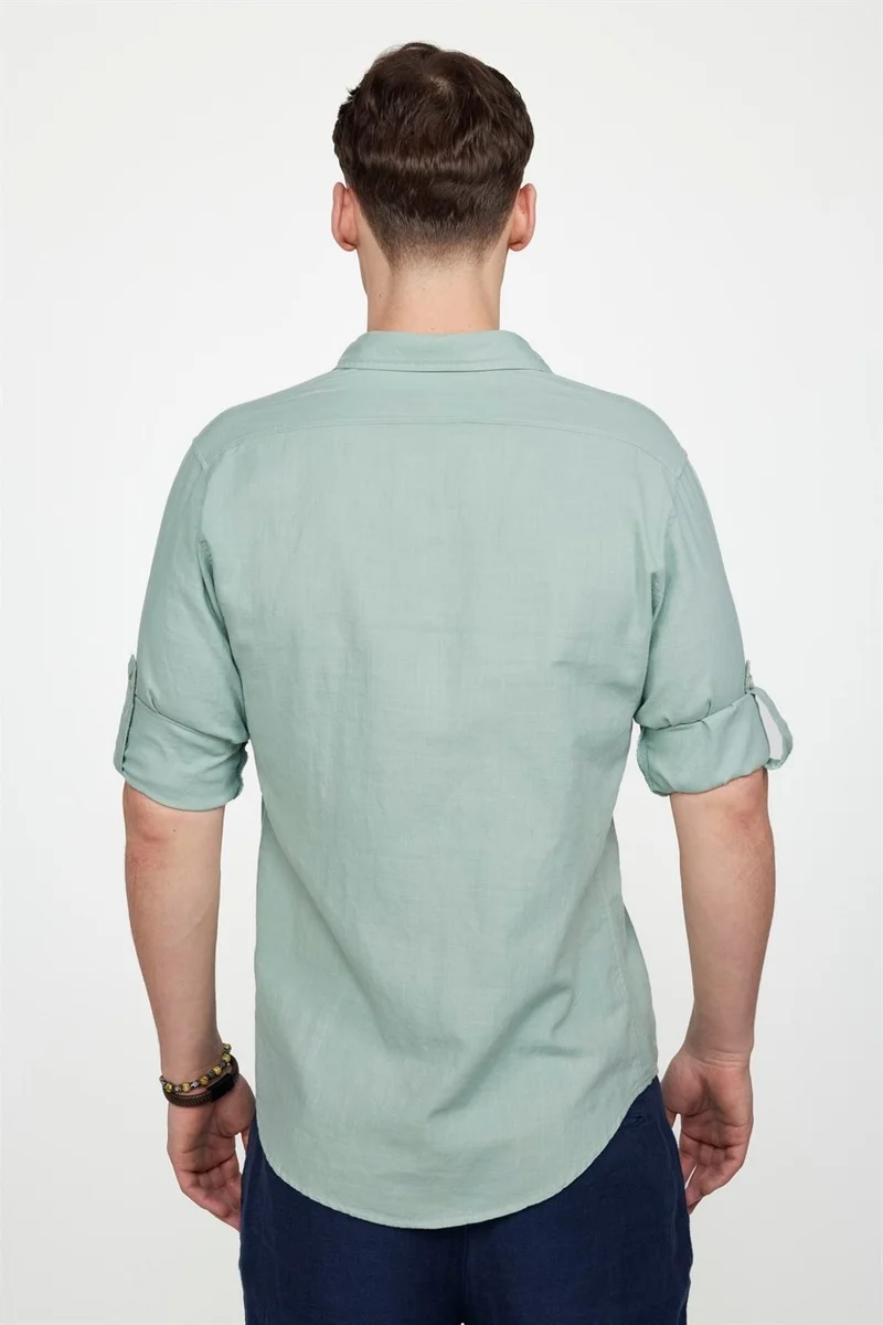 تودورس Slim Fit Long Sleeve Double Pocket Cotton Linen Sports Collar Men's Green Shirt