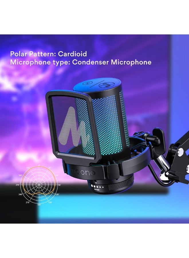 MAONO DGM20 Professional USB Microphone for Live Streaming, Gaming & Content Creation | High-Quality Condenser Microphone with Noise Reduction, Real-Time Monitoring, Tap-to-Mute Function & RGB Lighting | Ideal for Gaming, Podcasting, Voice Recording, YouTube, Online Meetings & Content Creators | Black - Image 4