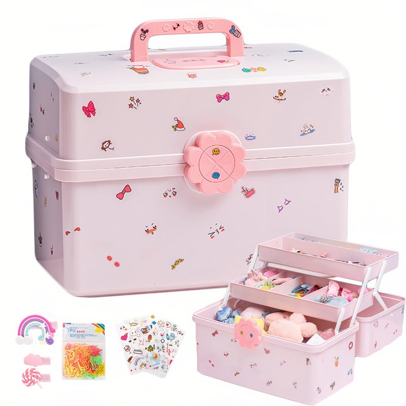 SEAHOME Hair Accessories Organizer for Girls Headbands, Clips, Ties Baby Girl Supplies, Lockable Three-layer Folding Craft Organizers and Storage Plastic Jewelry Box, 11.4x6.3x6.3in (227) - Image 1
