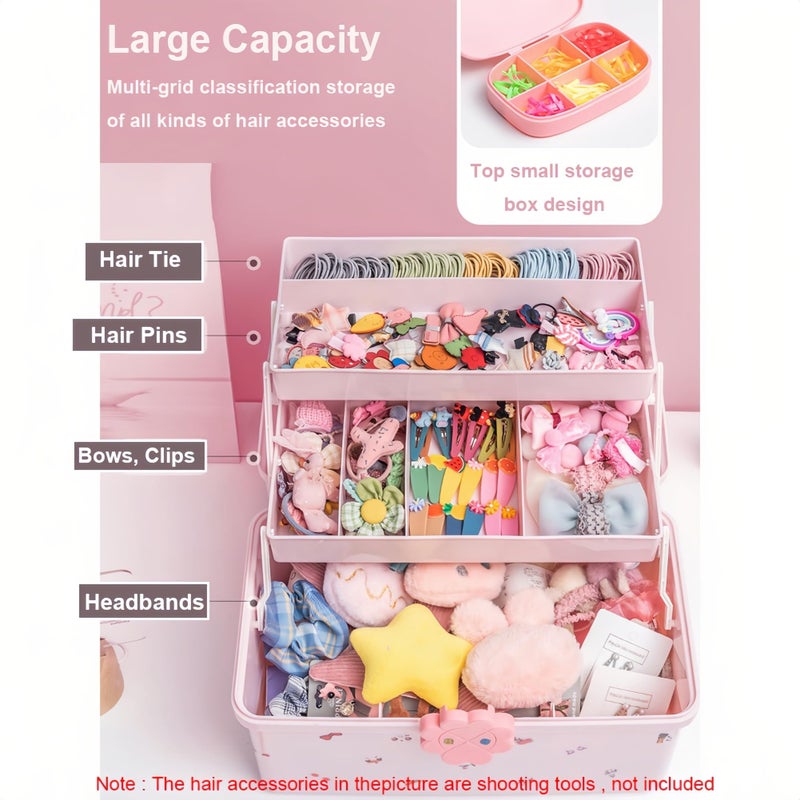 SEAHOME Hair Accessories Organizer for Girls Headbands, Clips, Ties Baby Girl Supplies, Lockable Three-layer Folding Craft Organizers and Storage Plastic Jewelry Box, 11.4x6.3x6.3in (227) - Image 2