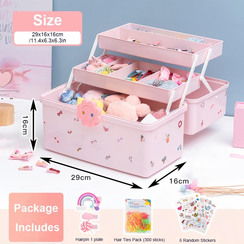 SEAHOME Hair Accessories Organizer for Girls Headbands, Clips, Ties Baby Girl Supplies, Lockable Three-layer Folding Craft Organizers and Storage Plastic Jewelry Box, 11.4x6.3x6.3in (227) - Image 3