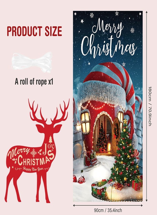 Irenare Christmas Decorations Merry Christmas Door Cover Xmas Background Banner Xmas Door Hanging Covers Photo Booth Props for Winter Party Decorations Supplies, 70.9 x 35.4 Inch (Classic Style) - Image 2