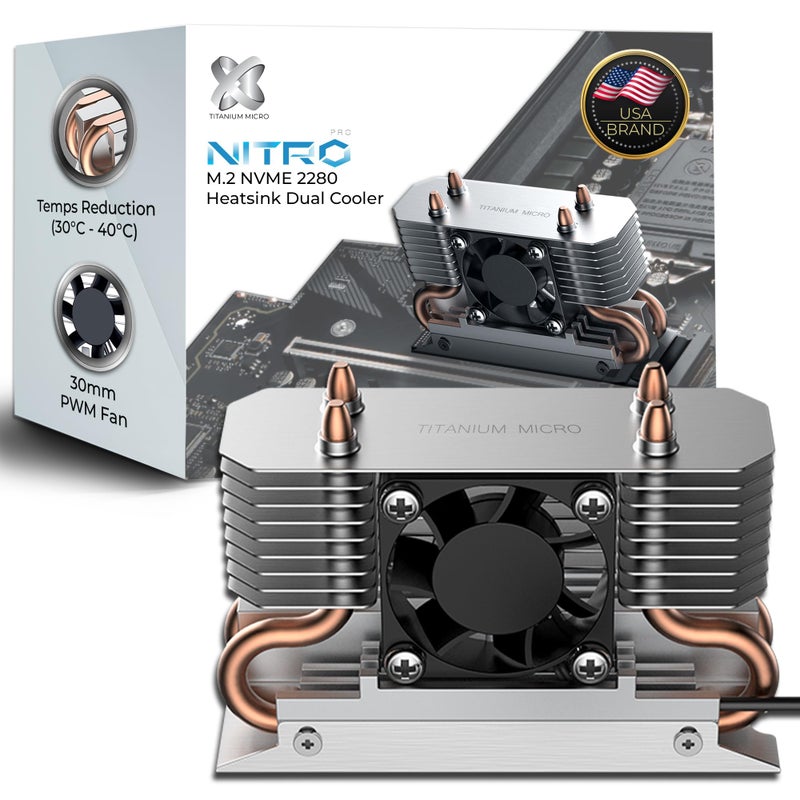 Titanium Micro SSD Heatsink Cooler M.2 NVMe Heatsink for Single Double Sided SSD 2280 with Copper Heatpipe, 30mm PWM Cooling Fan, Reduce up to 40°C - NITROPRO - Image 1