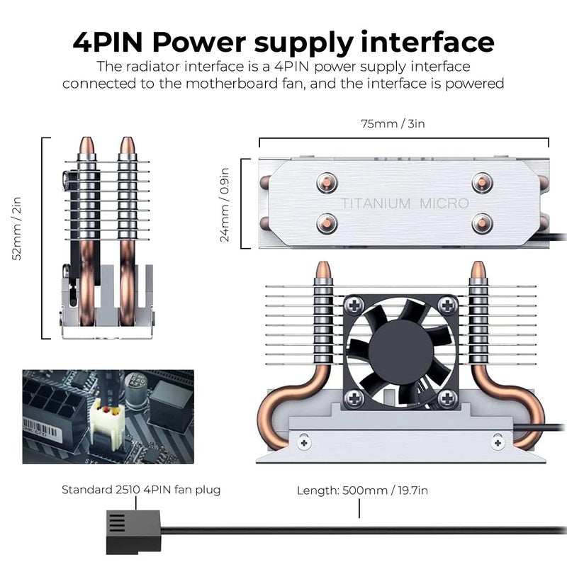 Titanium Micro SSD Heatsink Cooler M.2 NVMe Heatsink for Single Double Sided SSD 2280 with Copper Heatpipe, 30mm PWM Cooling Fan, Reduce up to 40°C - NITROPRO - Image 5