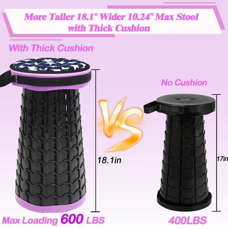 ALEVMOOM 2026 Collapsible Stool with Thick Cushion, H18.1 D10.24 Portable Telescoping More Sturdy Load Capacity 600Lbs, Retractable Adjustable Camping Folding Stool for Outdoor Hiking BBQ Climb - Image 3