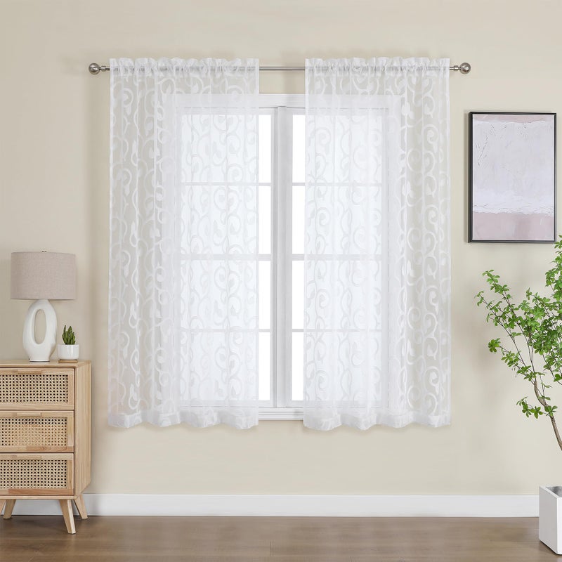 OWENIE Furman White Sheer Curtains 54 Inch Length 2 Panels Set for Living Room Bedroom, Airy Jacquard Clip Short Curtains for Small Window, Modern Rod Pocket Bathroom Window Curtain Each 42W inch 54L - Image 2