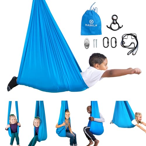 Harkla Sensory Swing for Kids Adults Holds 300lbs Indoor Outdoor Sensory Swing for Hug Like Calming Effect Double Layered Soft Fabric and Heavy Duty Hardware Blue 110 Swing
