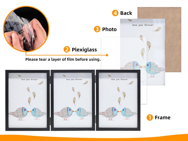 TOFOREVO 5x7 3 Picture Frame Triple Wooden Three Hinged Photo Frame Definition Glass Stand Vertically on Desktop or Tabletop Black - Image 3