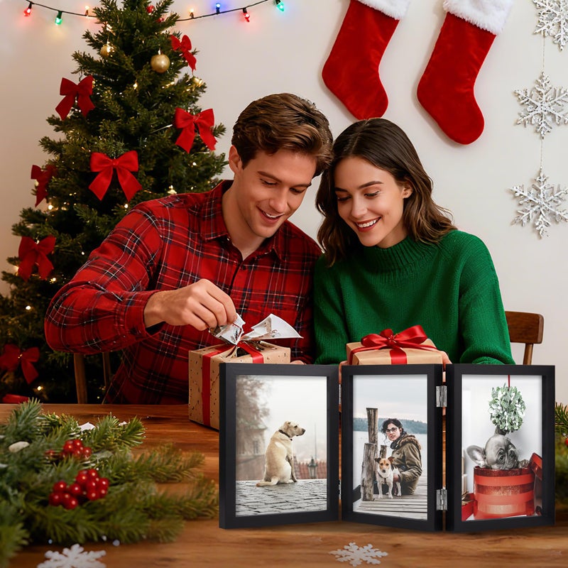 TOFOREVO 5x7 3 Picture Frame Triple Wooden Three Hinged Photo Frame Definition Glass Stand Vertically on Desktop or Tabletop Black - Image 4