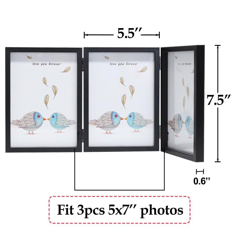 TOFOREVO 5x7 3 Picture Frame Triple Wooden Three Hinged Photo Frame Definition Glass Stand Vertically on Desktop or Tabletop Black - Image 5