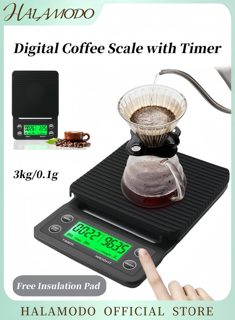 HALAMODO Digital Coffee Scale with Timer 3kg/0.1g Kitchen Scale with Silicone Insulated Pad High Precision Pour Over Coffee Scale Drip Espresso Scale with Tare Function & LED Display - Image 1
