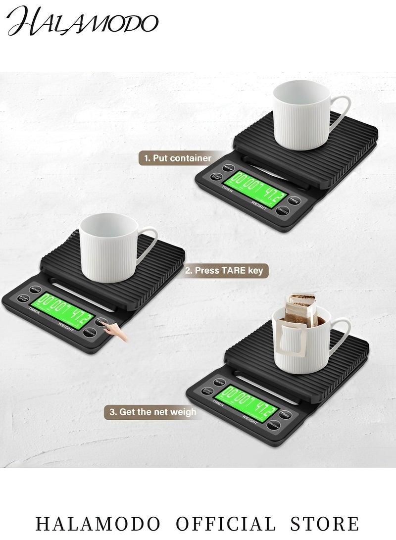 HALAMODO Digital Coffee Scale with Timer 3kg/0.1g Kitchen Scale with Silicone Insulated Pad High Precision Pour Over Coffee Scale Drip Espresso Scale with Tare Function & LED Display - Image 4