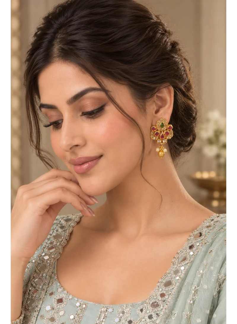 Lehar Ruby & Green Stone Floral Drop Earrings - Gold Tone Indian Traditional Jewelry