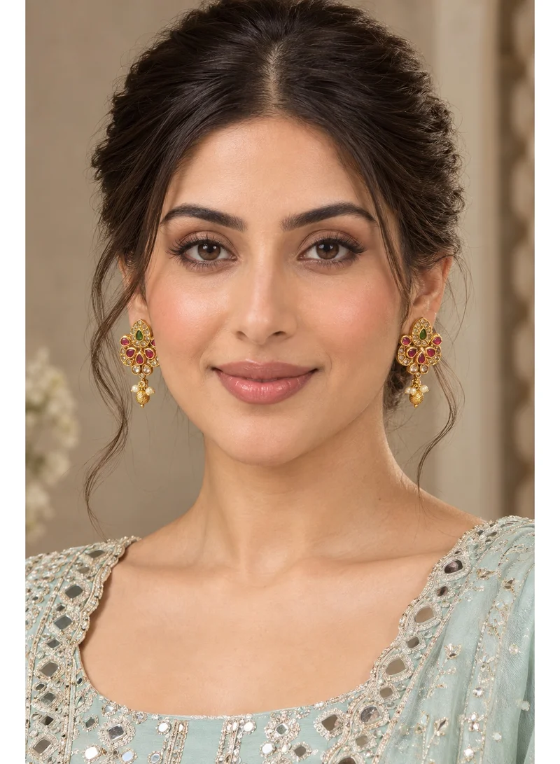 Lehar Ruby & Green Stone Floral Drop Earrings - Gold Tone Indian Traditional Jewelry