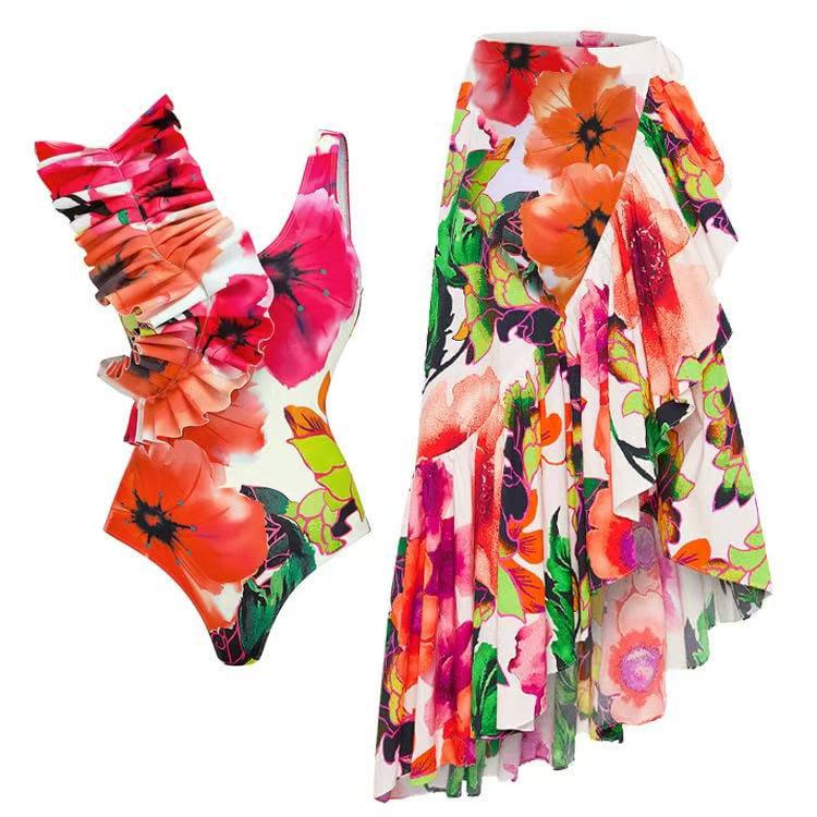 Bikini One-Piece Swimsuit Chiffon Skirt Wrap Skirt One-Shoulder Lotus Leaf Swimsuit Beach Gathering Conservative Belly Cover - Image 2
