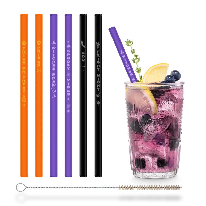 HALM Halloween Glass Straws 6 Decor Straws with Pumpkin Skull Spider Witch Bloody Hand Bat Orange Purple Black Blacklight Effect Spooky Party Decorations Goth Accessories