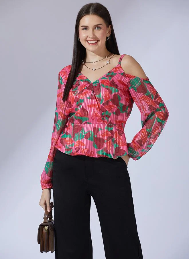 globus Women Pink Abstract Print One Shoulder Top