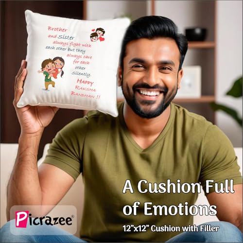 PICRAZEE Raksha Bandhan Gift Set for Brother – Rakhi, 12” Cushion with Filler, Mug, Table Standy, Roli-Chawal Bottles, Keyring, Fridge Magnet & Greeting Card - Image 4