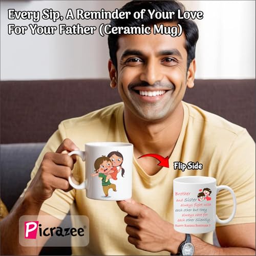 PICRAZEE Raksha Bandhan Gift Set for Brother – Rakhi, 12” Cushion with Filler, Mug, Table Standy, Roli-Chawal Bottles, Keyring, Fridge Magnet & Greeting Card - Image 5