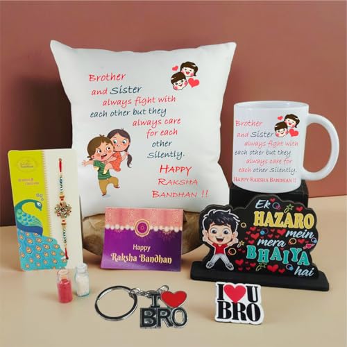 PICRAZEE Raksha Bandhan Gift Set for Brother – Rakhi, 12” Cushion with Filler, Mug, Table Standy, Roli-Chawal Bottles, Keyring, Fridge Magnet & Greeting Card - Image 1