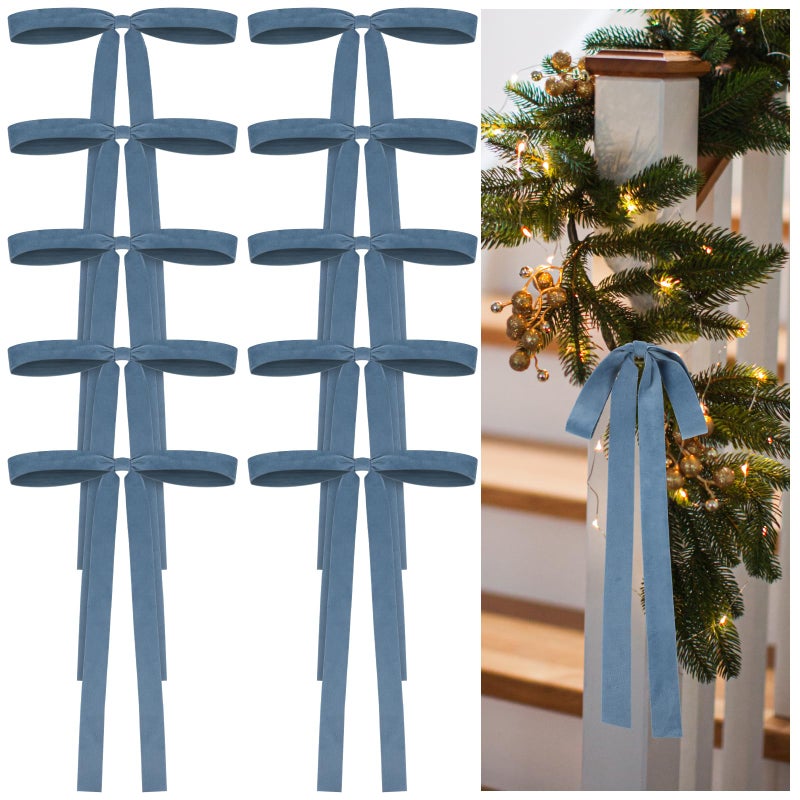 Glitinsel 24 Pcs Velvet Bows Christmas Tree Ornaments Vintage Double Faced Velvet Ribbon Bows for Tree Garland Wreath Indoor Outdoor Xmas9 x 13 Inch Width of 1Dusty Blue - Image 2