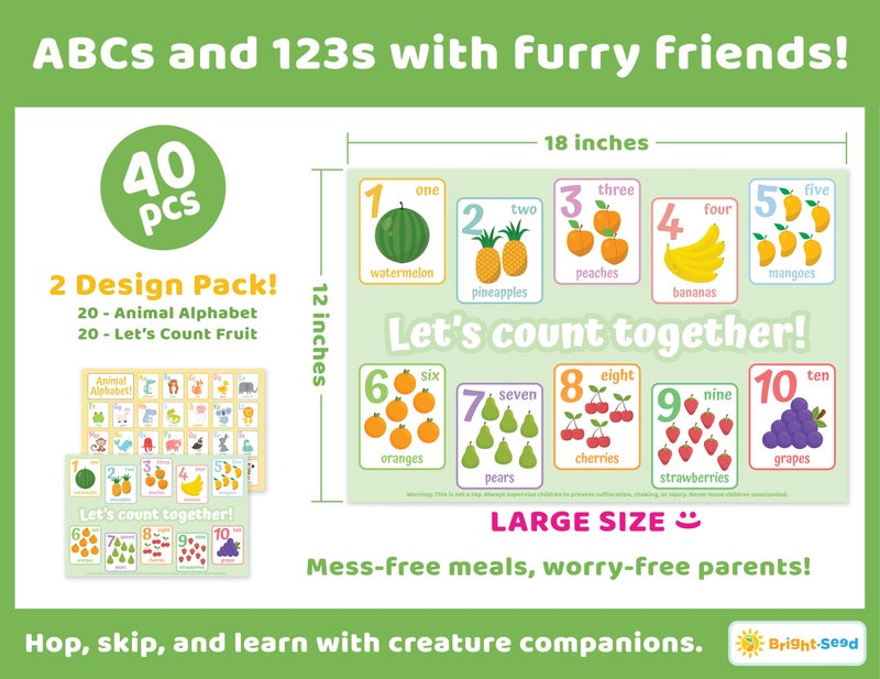 Bright Seed Disposable Placemats for Baby, Toddlers and Kids, Animals ABC & Numbers 03, 40 Disposable Baby mats for Restaurant, Dining Table & Travel, Learning Placemats for Kids, Toddler Travel - Image 4