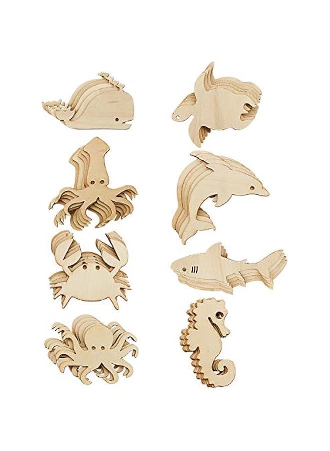 Arabest 48 Pack Unfinished Wooden Ocean Sea Animal Life Cutouts,Octopus,Shark,Whale,Dolphin,Turtle,Crab,Squid,Seahorse Shapes Model for Home Decor Ornament,DIY Craft Art Project(6 PCS/Shape) - Image 1
