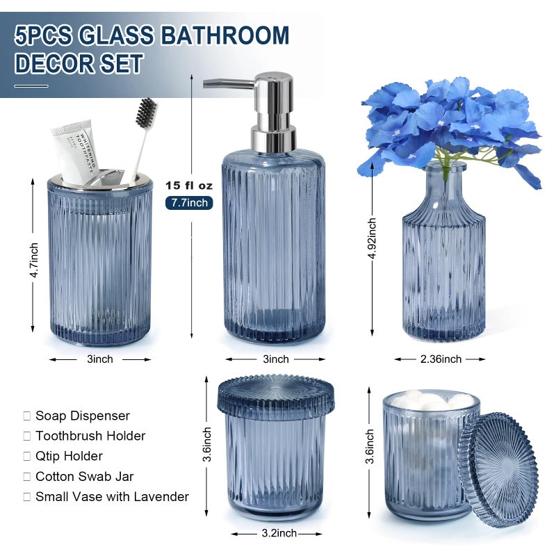 Kasunting Blue Bathroom Accessories 5 Pcs, Glass Bathroom Accessory Set, Vintage Blue Bathroom Set, Royal Soap Dispenser and Toothbrush Holder Set, Qtip Holder, Small Flower Vase, Modern Bathroom Decor - Image 2