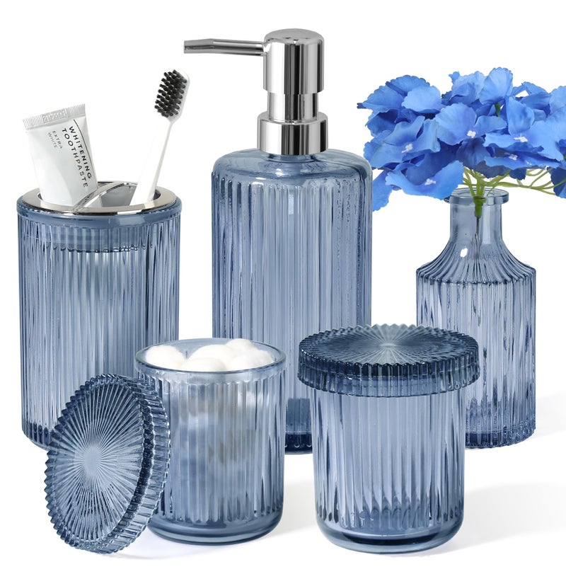 Kasunting Blue Bathroom Accessories 5 Pcs, Glass Bathroom Accessory Set, Vintage Blue Bathroom Set, Royal Soap Dispenser and Toothbrush Holder Set, Qtip Holder, Small Flower Vase, Modern Bathroom Decor - Image 1