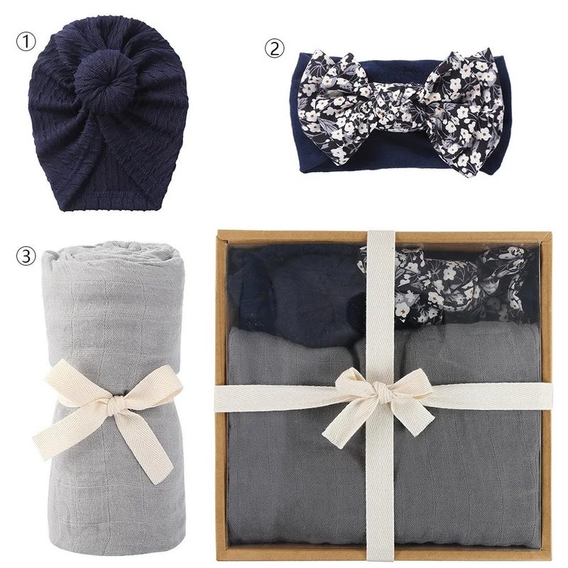 Bluejw Newborn Swaddle Set for Baby Girls - Swaddlers Blanket, Hat & Headband with Bow - 3-Piece Infant Swaddle Wrap Gift Box - Image 1