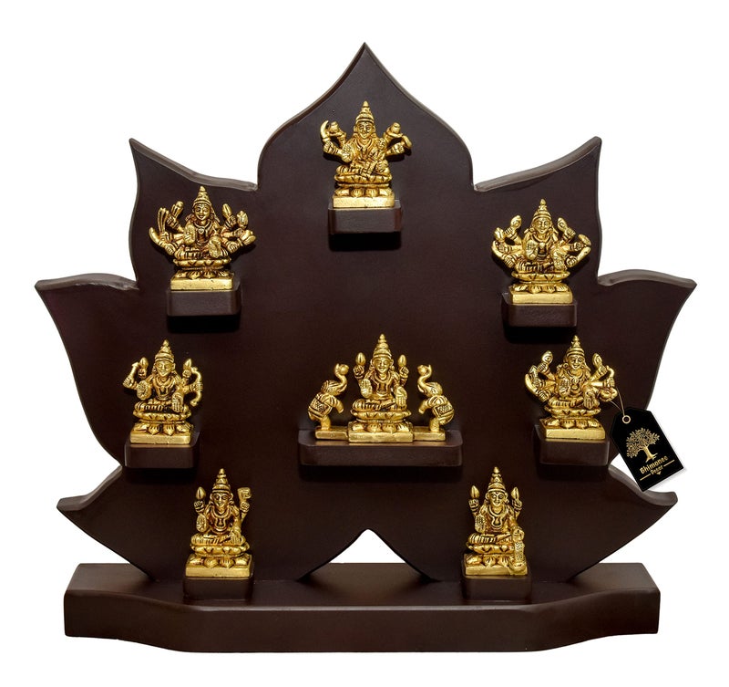 Bhimonee Decor Goddess Ashtalakshmi | Ashta Lakshmi Set with Wooden Table Frame for Diwali Pooja Mandir Temple | Gold Color Idol | 2 Inches Height | Perfect for Office Decor, - Image 1