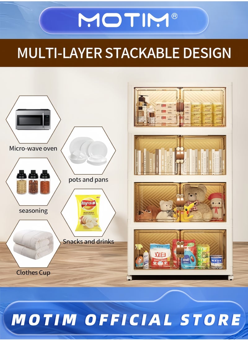 Motim - 2 Pack Folding Plastic Storage Cabinet Large Capacity Standing Storage Shelf Dustproof Collapsible Book Shelf Snacks Locker Toy Storage Bins with Wheels and Doors (2 Layer) - Image 1