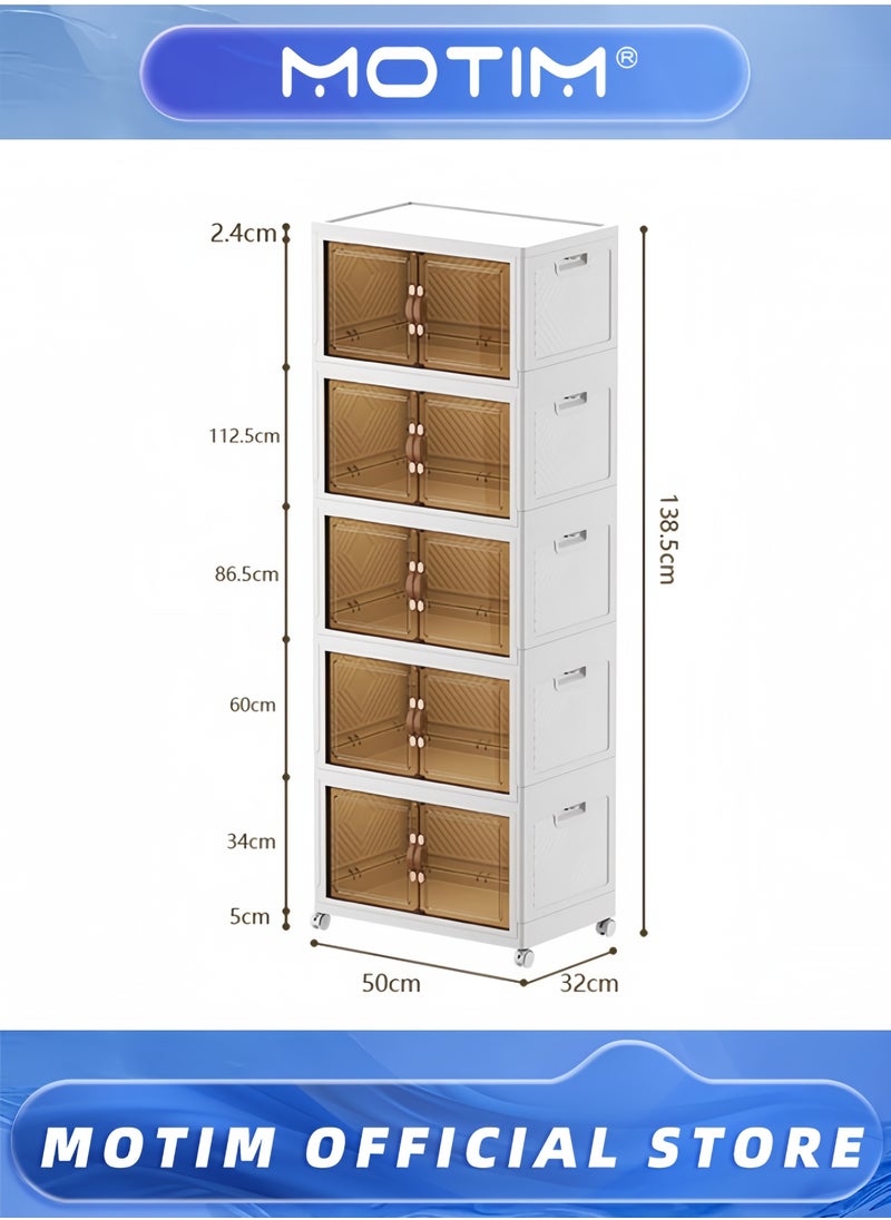Motim - 2 Pack Folding Plastic Storage Cabinet Large Capacity Standing Storage Shelf Dustproof Collapsible Book Shelf Snacks Locker Toy Storage Bins with Wheels and Doors (2 Layer) - Image 1