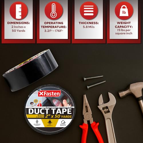 XFasten Duct Tape Black, 2 Inches x 50 Yards All-Weather Duct Repair Tape for Commercial Use, Heavy-Duty Repair, Packing | High Tensile Strength and Shear Stress Resistance | Cold and Snow Resistant - Image 3