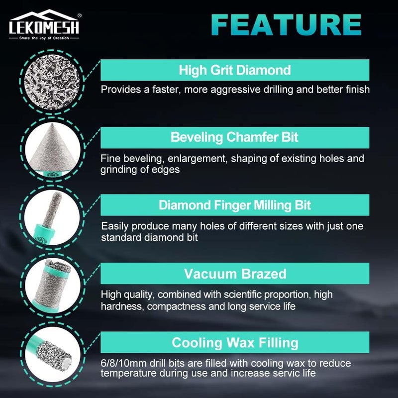 LEKOMESH Tile Hole Saw Kit for Porcelain - (6/8/10/35/50/65mm+Finger Bit+Drilling Milling +Chamfer Bit+Adapter+Tile Blade) Diamond Drill Bits for Ceramic Marble Brick Granite,5/8"-11 Thread - Image 4