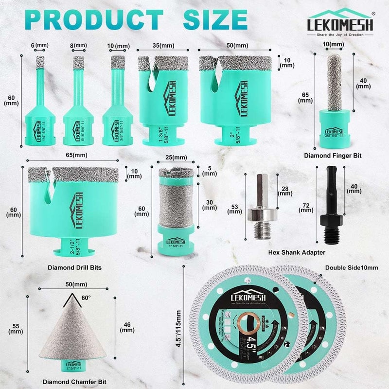 LEKOMESH Tile Hole Saw Kit for Porcelain - (6/8/10/35/50/65mm+Finger Bit+Drilling Milling +Chamfer Bit+Adapter+Tile Blade) Diamond Drill Bits for Ceramic Marble Brick Granite,5/8"-11 Thread - Image 2